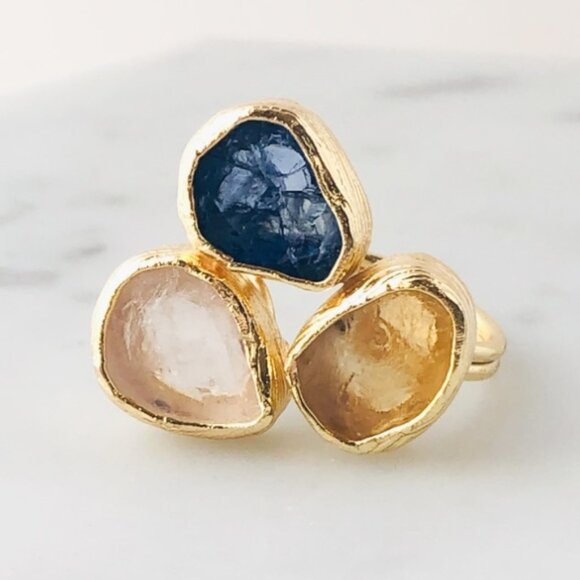 Gold Plated Rose Quartz Citrine Tanzanite Triple Stone Statement Ring - Picture 1 of 11